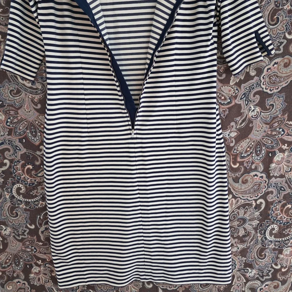 Banana Republic Navy White Striped Sheath Dress Scoop Neck Elbow Sleeve Size 10 - Picture 13 of 16